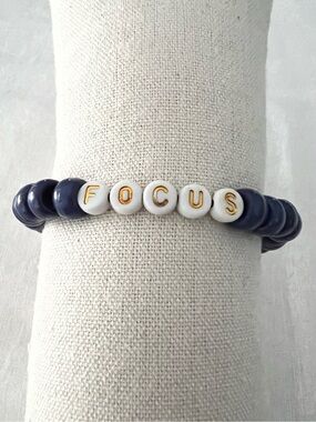 Handmade FOCUS Blue Pony Bead Stretch Bracelet | Motivational Word Bracelet |